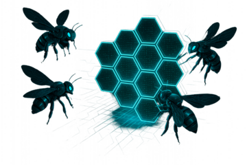 Futuristic robotic bees with glowing blue eyes build a digital honeycomb structure.