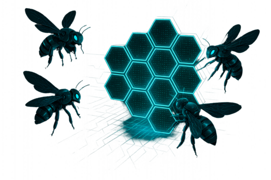 Futuristic robotic bees with glowing blue eyes build a digital honeycomb structure. - Powered by Adobe