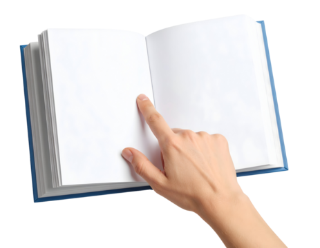A person's finger points to the empty pages of an open book, inviting readers to fill them with ideas.