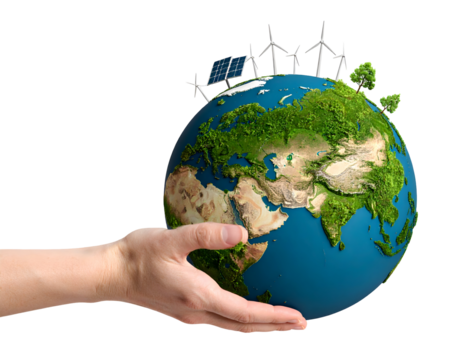 A hand cradles a vibrant Earth globe, featuring renewable energy and trees, symbolizing global environmental care and a sustainable future.