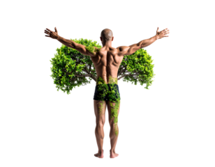 Athletic man with outstretched arms, a vibrant tree growing from his back, representing human connection to nature.