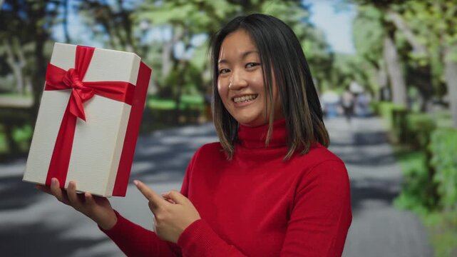 Young woman in red sweater holding a gift box with a ribbon, smiling joyfully in a sunny park setting, conveying excitement and happiness.