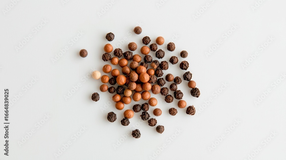 Poster assorted colorful peppercorns in various shapes on white background