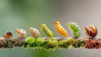Naklejka premium Stages of insect development on a branch in a natural setting during daylight