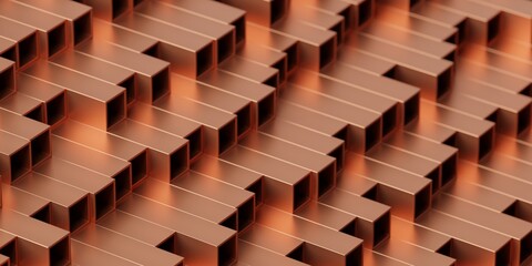 Obraz premium Raw copper square profiles stack, construction or manufacturing materials concept or background template, selective focus