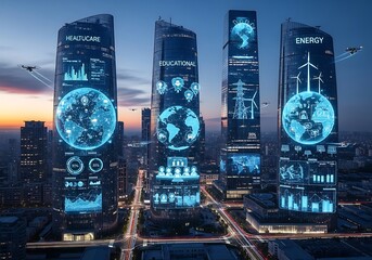 Futuristic Cityscape with Global Innovation Displays