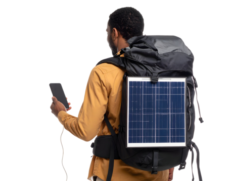 A person charges their smartphone with a portable solar panel on their backpack, embracing sustainable travel.