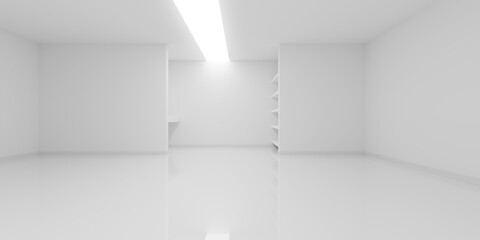 Fototapeta premium Empty blank white room background with niche with a desk and shelves, wide light strip on the ceiling, modern interior template