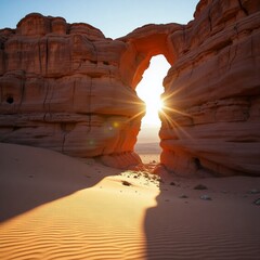 Sunlit desert rock formation casting long shadows