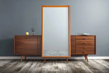 Fototapeta premium Wooden dresser and mirror in a modern room.