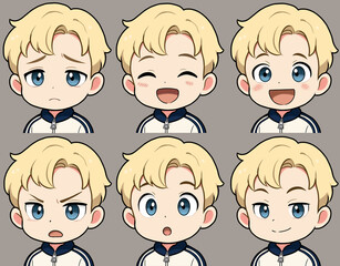 Chibi boy cartoon character expressions set
