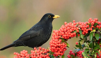 A blackbird perches amongst clusters of vibrant red berries, showcasing a captivating interplay of dark and bright colors.