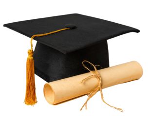 Close-Up of Graduation Cap Resting Beside Diploma Scroll, Top-Down View, Isolated on Transparent Background