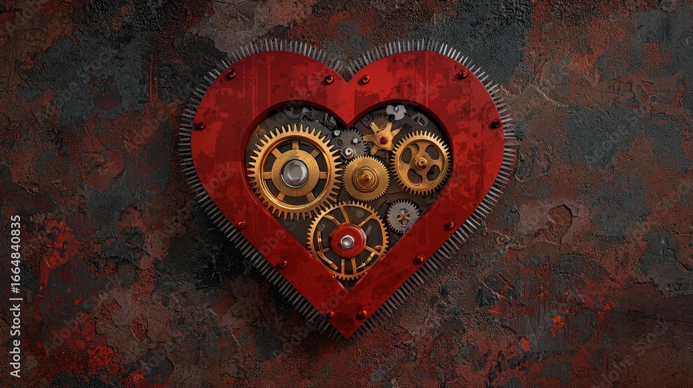Poster mechanical heart with gears in red and rusty background texture