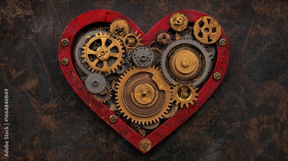 Poster steampunk heart with gears and mechanical components on background