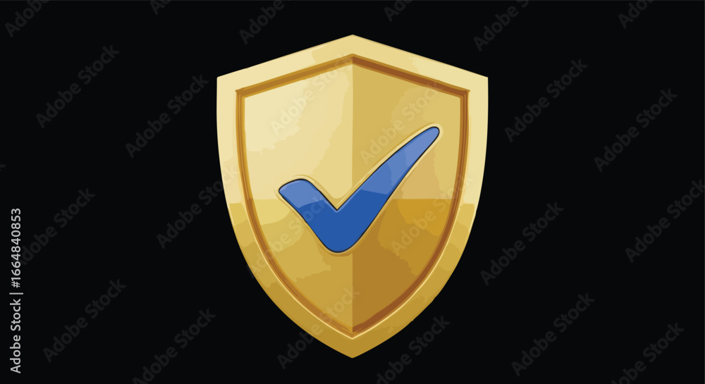 Poster golden assurance shield with confirmation checkmark emblem, representing digital safety and trust in