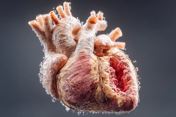Intricate depiction of a human heart submerged in bubbles, showcasing its detailed structure