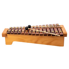 A wooden xylophone with mallets sits on white or transparent background showcasing its design