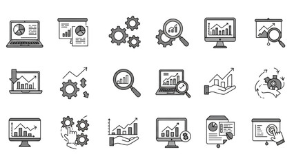 Data analysis business growth icons set outline charts graphs process management strategy technology minimal design