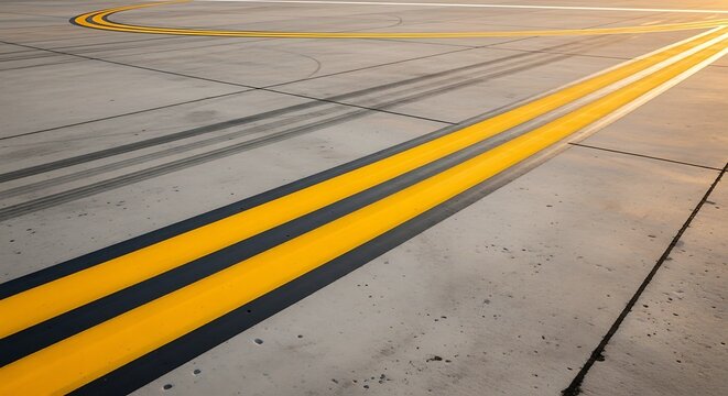 Airport runway taxiway with yellow guidance lines on concrete tarmac at sunset.