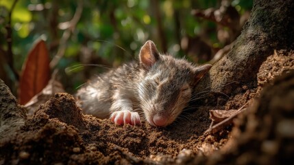 Sleeping rat in a forest setting during the daytime