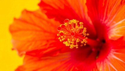 Close-up view of a vibrant hibiscus flower, showcasing intricate details of its colorful petals and vibrant pistil.