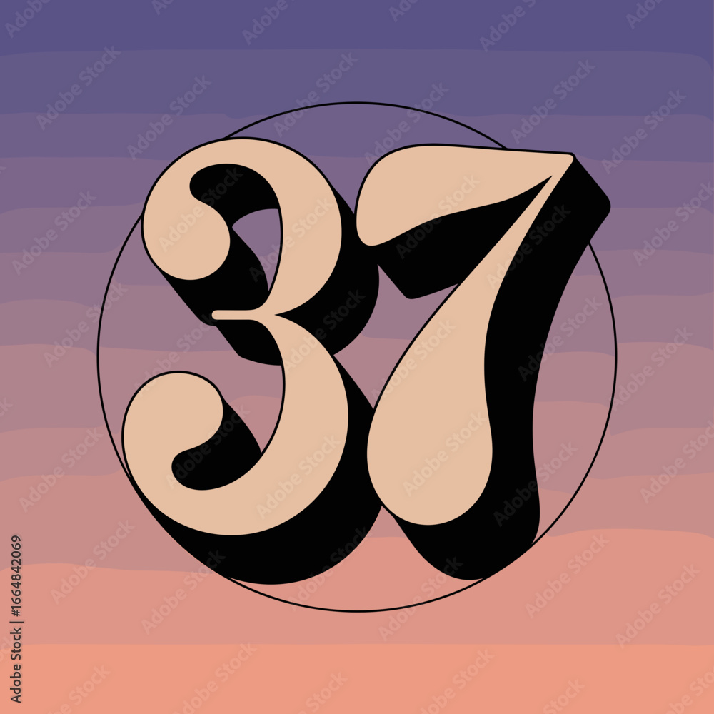 Poster number 37 in cursive surrounded by circle on purple to orange gradient background