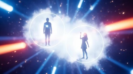 Silhouette of a man and woman in a cloud moving apart in a cosmic space. Concept of separation and emotional distance. Futuristic footage.