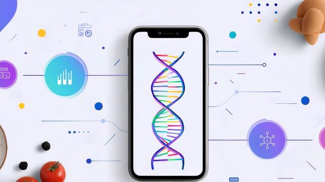 A cell phone is on a table with a plate of food and a plate of food. Infographic-ready illustration of DNA icon, food icons, and app screen icon, personalized nutrition minimal clean background