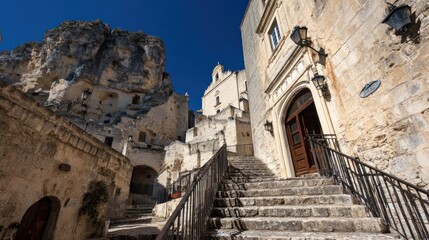 Stone buildings, steps, rock face,  a village
