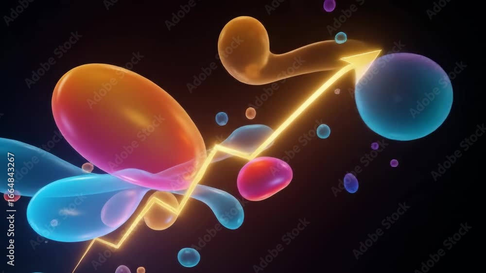 Poster illuminated yellow arrow points upward across dynamic colorful liquid blobs on black background, gro