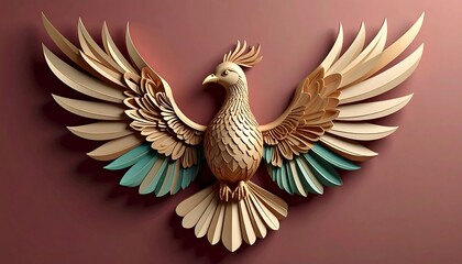 Ornate 3D Carved Peacock with Outstretched Wings on Rose Background.