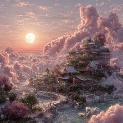 Sunset over serene mountain village amidst pastel clouds and vibrant flora
