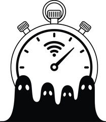 A Vector Illustration Depicting a Stopwatch Surrounded by Eerie Spirits in a Flat Cartoon Style Environment for Digital Content