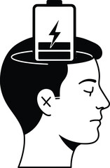 Charging Battery Concept Illustration of a Person's Head in Flat Cartoon Style Vector Design for Wellness and Mindfulness Imagery