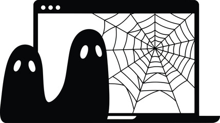 Ghosts and Spiderwebs in a Web Browser, Vector Illustration, Flat Cartoon Style, Mysterious Environment, Creative Viewpoint