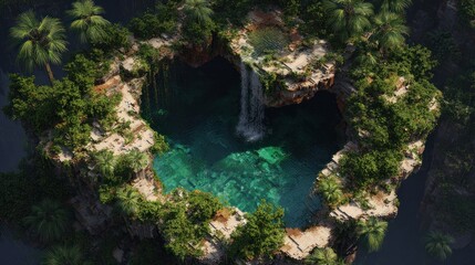 Lush island with a heart-shaped pool and waterfall