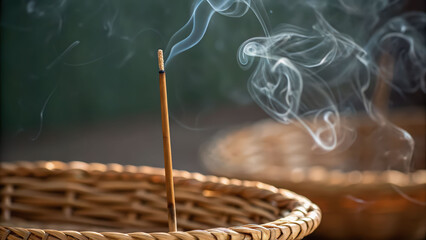 Incense stick burning with smoke rising in woven basket creating calm atmosphere perfect for Diwali hampers celebration and festive mood