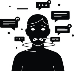 Emotional Conversation, Person with Speech Bubbles, Digital Space, Vector Illustration, Flat Cartoon Style, Close-Up View, Communication Concept