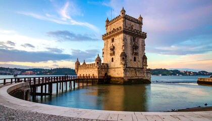 Fototapeta premium A serene and picturesque view of the Bel?m Tower, nestled within a calm body of water, showcasing its intricate architecture and stunning surroundings at golden hour.