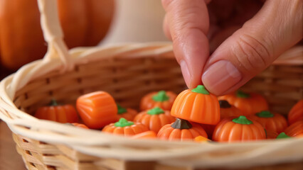 Hand gently picks small orange pumpkin candy from woven basket filled with festive boo treats creating warm and cozy autumn feeling