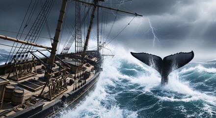 Fototapeta premium Whaling Ship in Stormy Ocean
