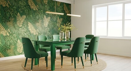 Elegant modern dining room interior with green velvet chairs and tropical wallpaper.