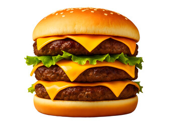 Triple decker cheeseburger stacked layers juicy beef patties cheese lettuce tomato onions bun delicious fast food