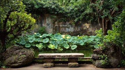 Stone bench in tranquil garden with water lilies