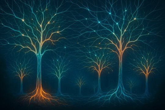 Luminous trees resembling a neural network glow with interconnected blue and orange light in a dark forest.
