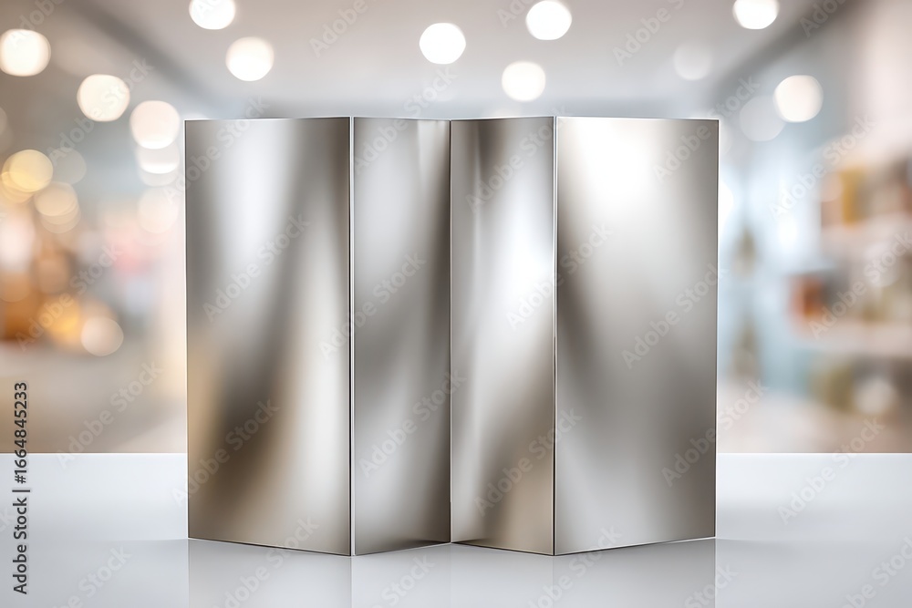 Poster sleek metallic display panels on a reflective surface with a blurred bokeh background