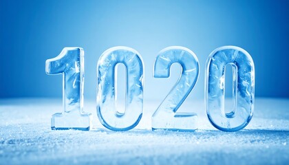 Frozen numerals 1020, ice-shaped numbers against a soft, vibrant blue backdrop, showcasing intricate ice patterns.