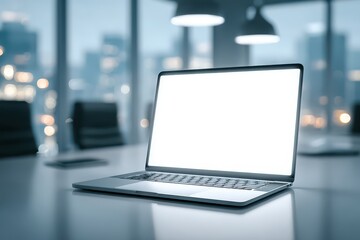 Laptop with blank screen in modern office, blurred city lights bokeh background.