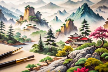 Obraz premium Ink Wash Painting Tutorial: Mastering Perspective in Asian Art